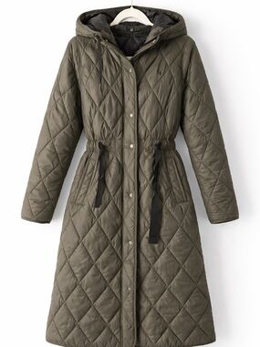 Zara Quilted Hooded Coat Olive Green Long Puffer Jacket XS Lightweight Belted